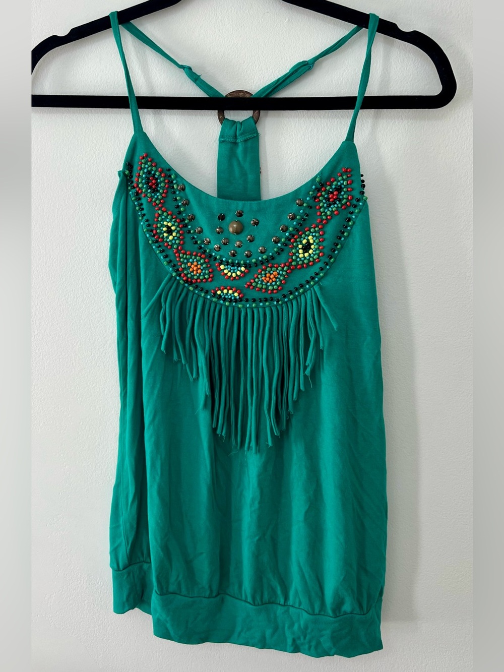 Y2K Throwback Tank- Teal Beaded Fringe Statement Top